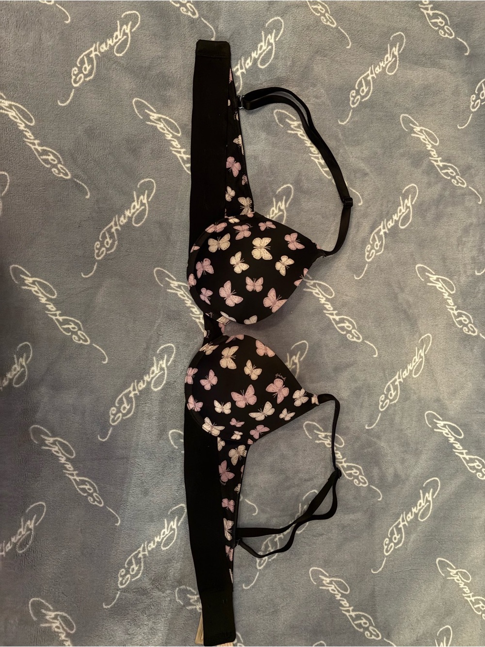 Victoria's Secret Black Bra with Pink and Cream Butterfly Print